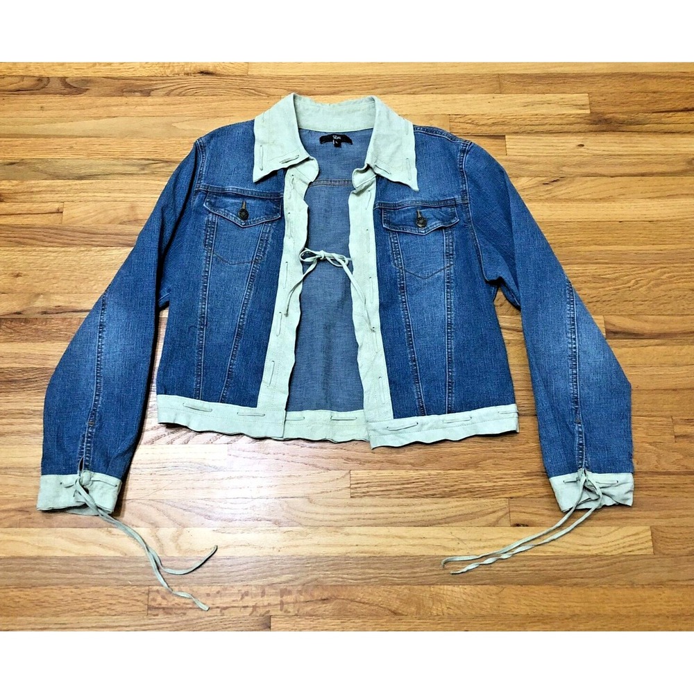 Luii Trucker Y2k Retro Boho Jacket Women L Blue Denim Collared‎ Leather Lined